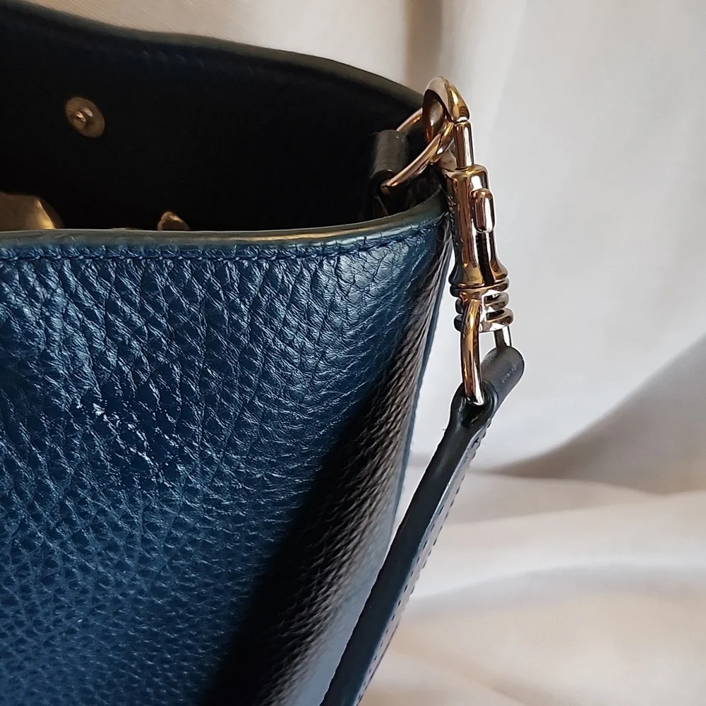 Steven Alan Ex Cond Blue Denim Pebble Leather Bucket Crossbody Bag, $64